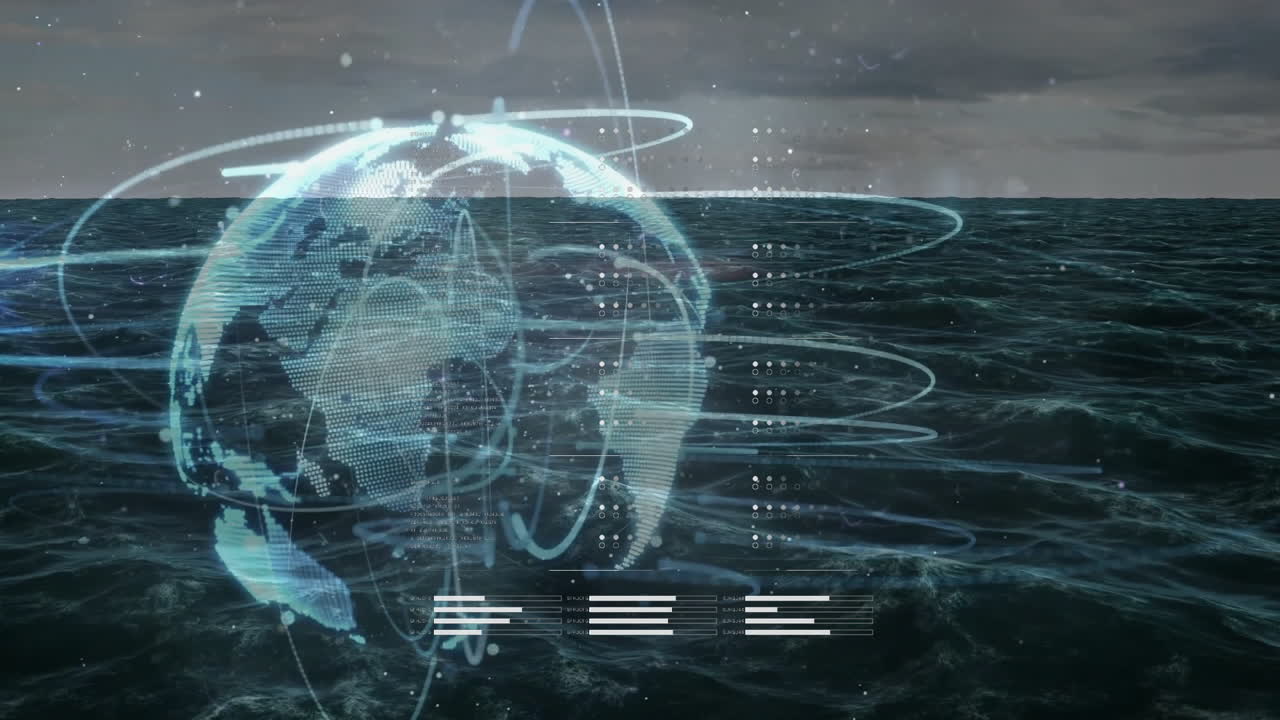 Digital globe with data processing animation over ocean waves