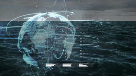 globo digital con animación de procesamiento de datos sobre las olas del océano