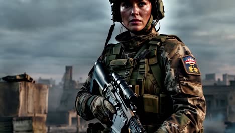 female soldier in war zone