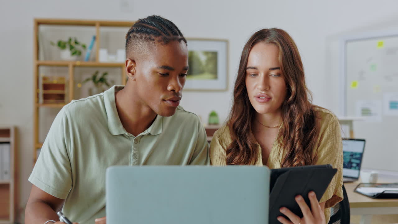 Startup, laptop and black man with woman