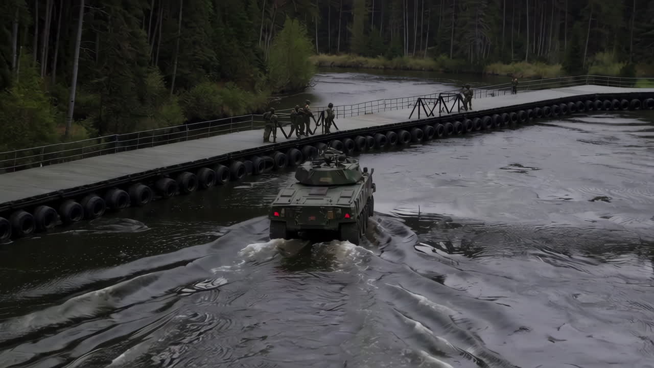Military Forces Crossing a River Using a Floating Bridge