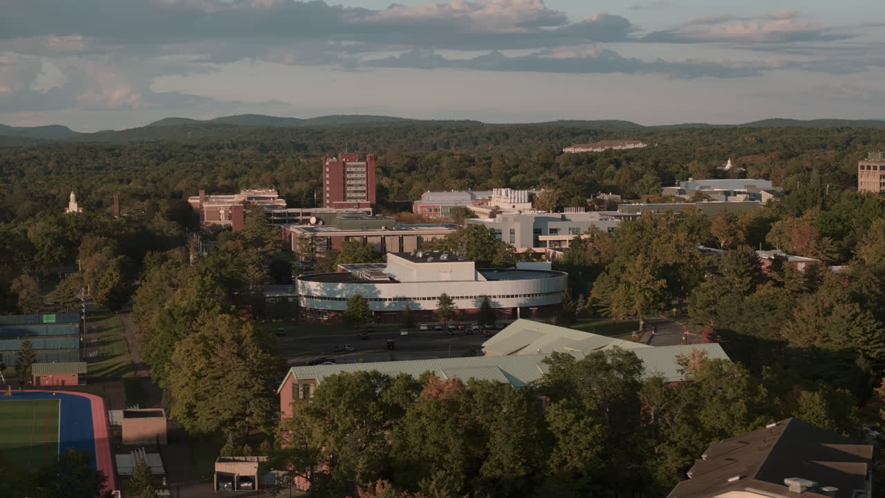 Aerial view of SUNY New Paltz on an autumn afternoon. Shot in the Catskill Mountains