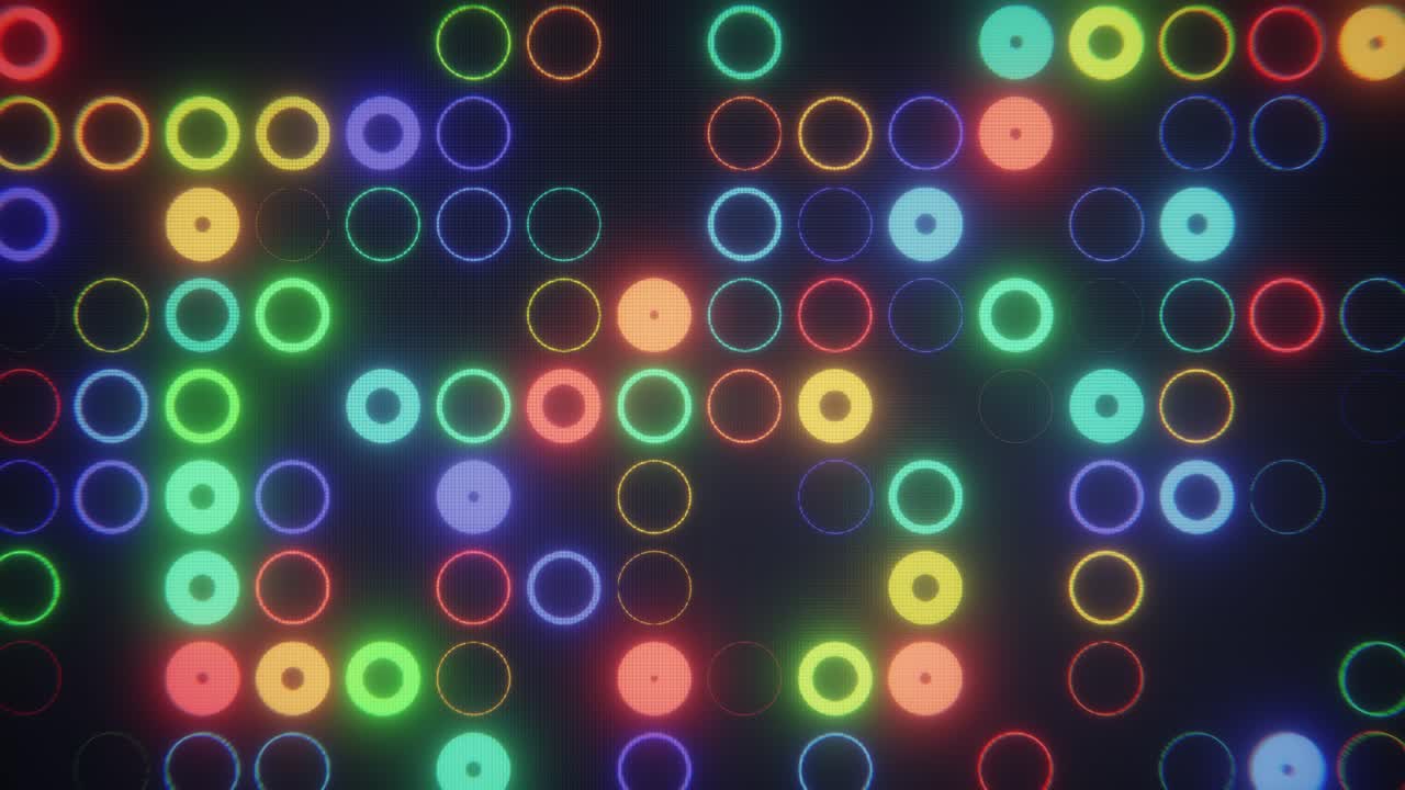 Dynamic Grid of Glowing Rainbow Circles