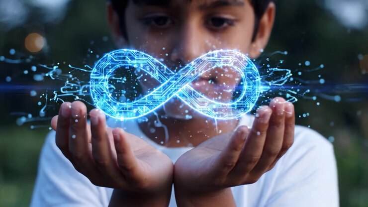 En ung dreng holder et iriserende hologram, der symboliserer uendelighed i sine hænder, repræsenterende fantasi, teknologi og grænseløse muligheder i drømmende udendørs omgivelser