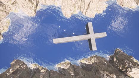 una gran cruz de piedra sobre el mar entre grandes acantilados empinados y gaviotas volando sobre ella, animación 3d con cámara rodante hacia abajo