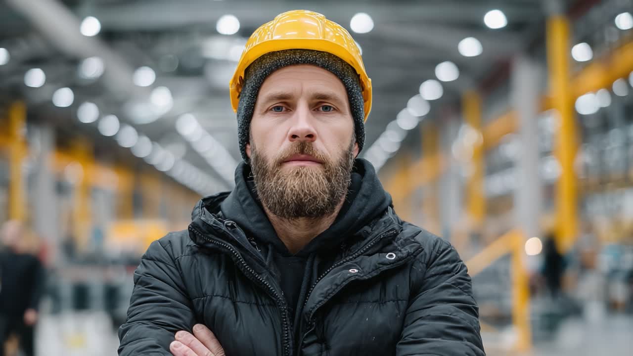A Focused Construction Worker in a Safety Helmet Shows Confidence and Determination in a Modern Industrial Setting Amidst Machinery and Equipment