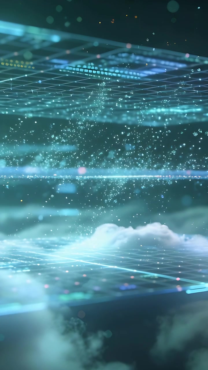 Vertical video: Animating grid showing panels and light band as fog and particles rising in space