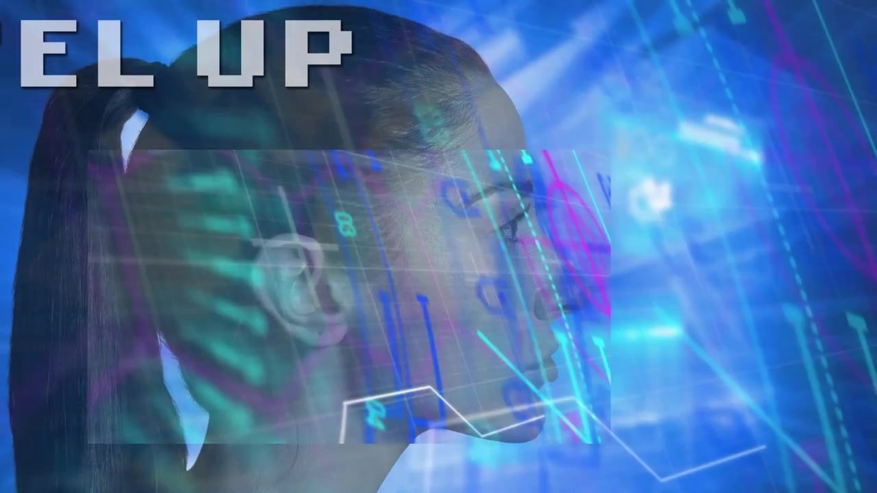 Young Woman Profile with Digital Data Overlay and Level Up Text
