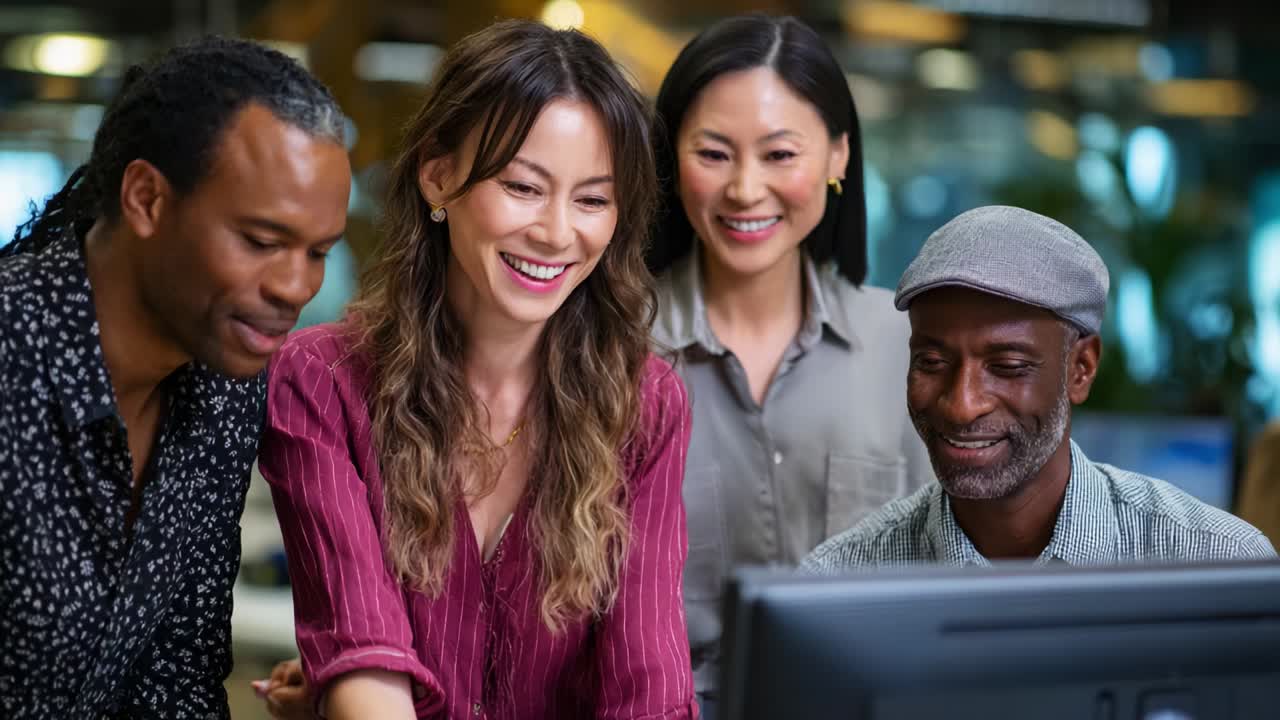 A Collaborative Team Engaging in a Creative Project at the Office, Demonstrating Enthusiasm and Focus While Working Together on a Computer Screen, Sharing Ideas and Insights to Achieve Goals