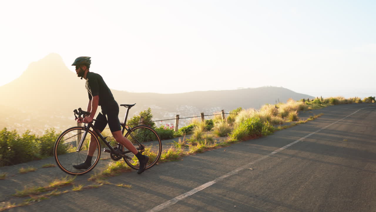 Man, bicycle and fitness, celebrate on the road