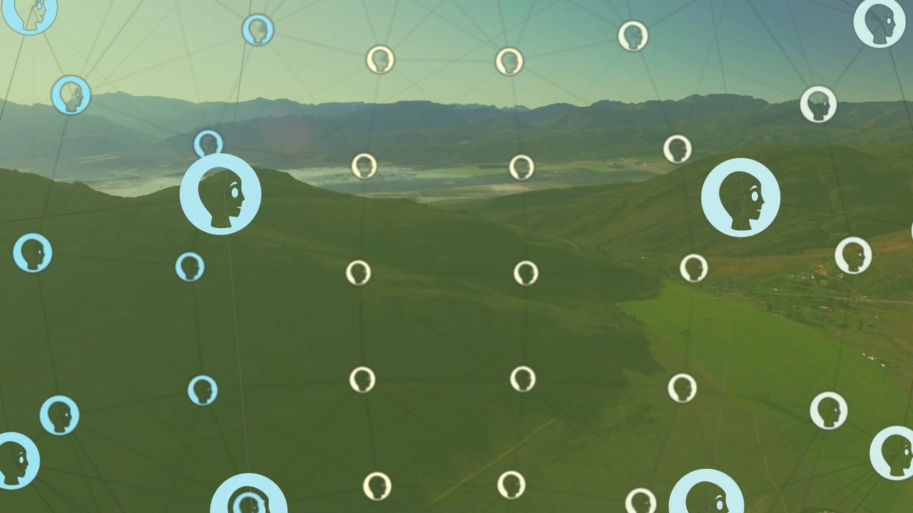 Digital node overlay reacting to start pulse, avatars growing, linking, mapping traffic over valley