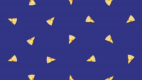 arte de movimiento mínimo, deliciosas rebanadas de pizza en fondo azul, concepto de comida rápida. animación. movimiento rebanadas caóticas de pizza pepperoni, bucle sin costuras
