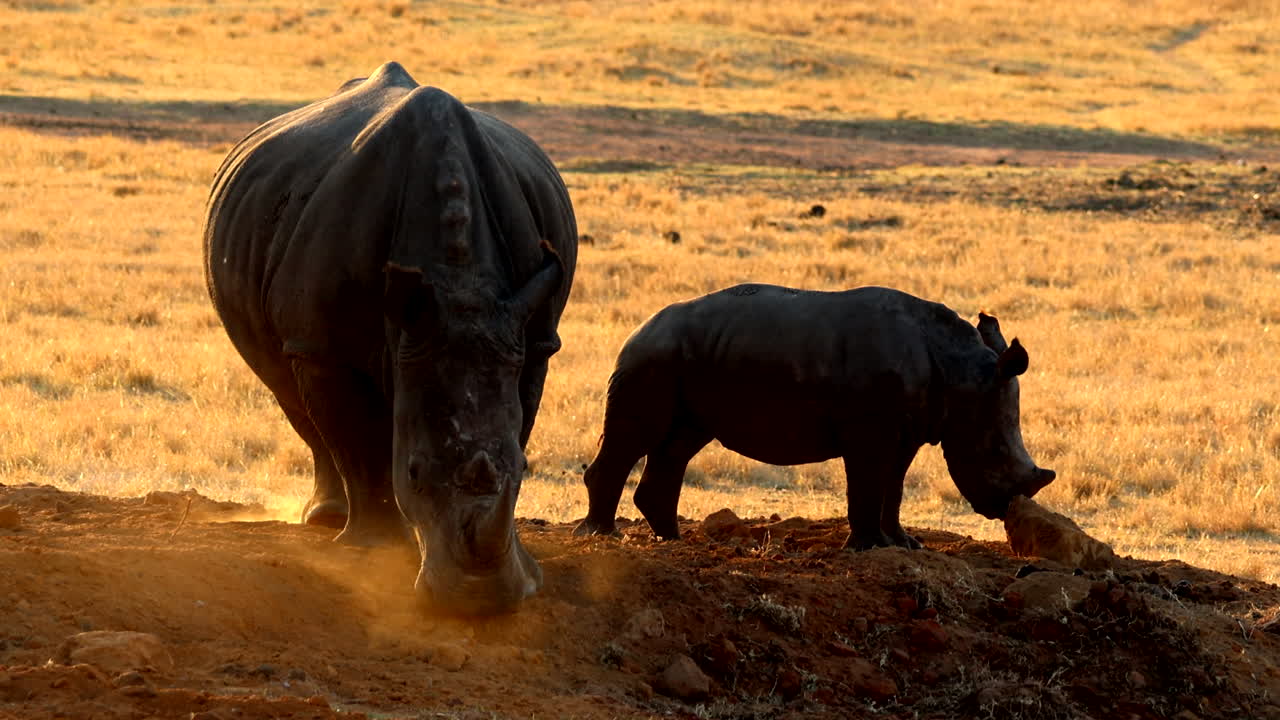 Endangered White Rhino mother and calf walk through a dusty sand mound, glowing in the setting African sun