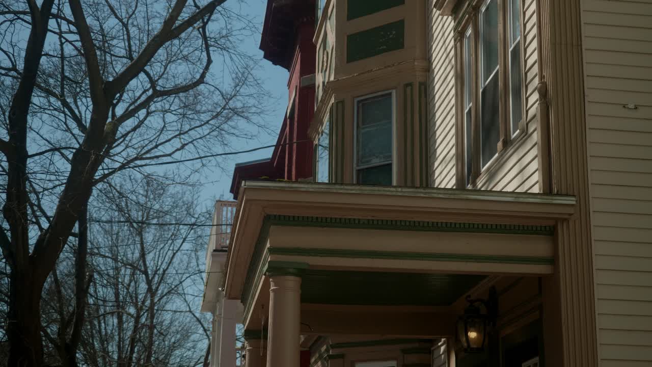 Stunning luxury architectural building surrounded by street trees in their winter state in Portland, Maine, USA.