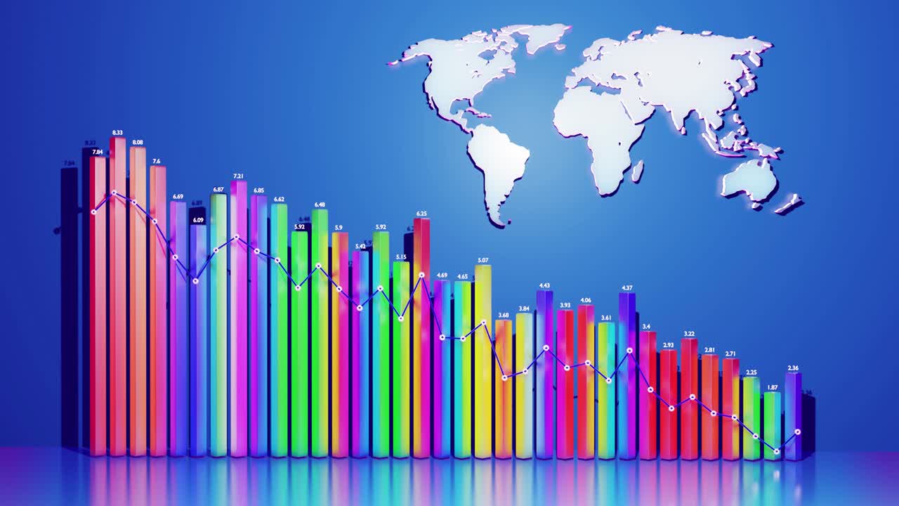 Abstrakta vackra flerfärgade kolumner bildar diagram och tillsammans med världskartan bildar en informationspanel som loopad bakgrund för analytiska program. Global data, abstrakt statistik runt om i världen som informationsbakgrund