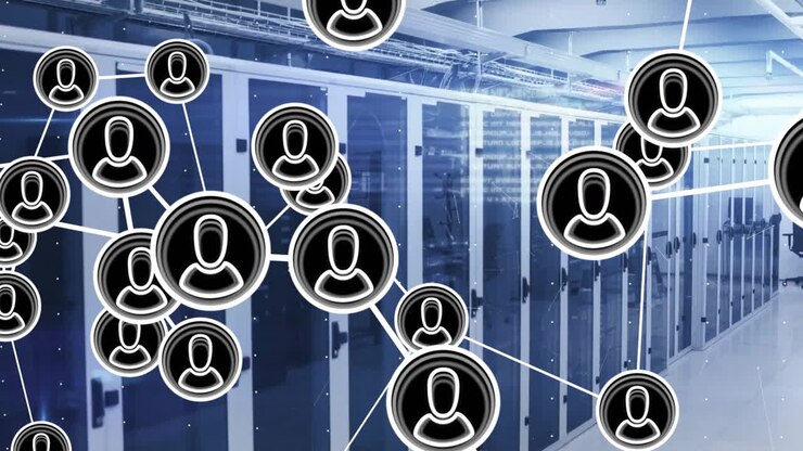 Animation of network of connections with icons and data processing over computer servers