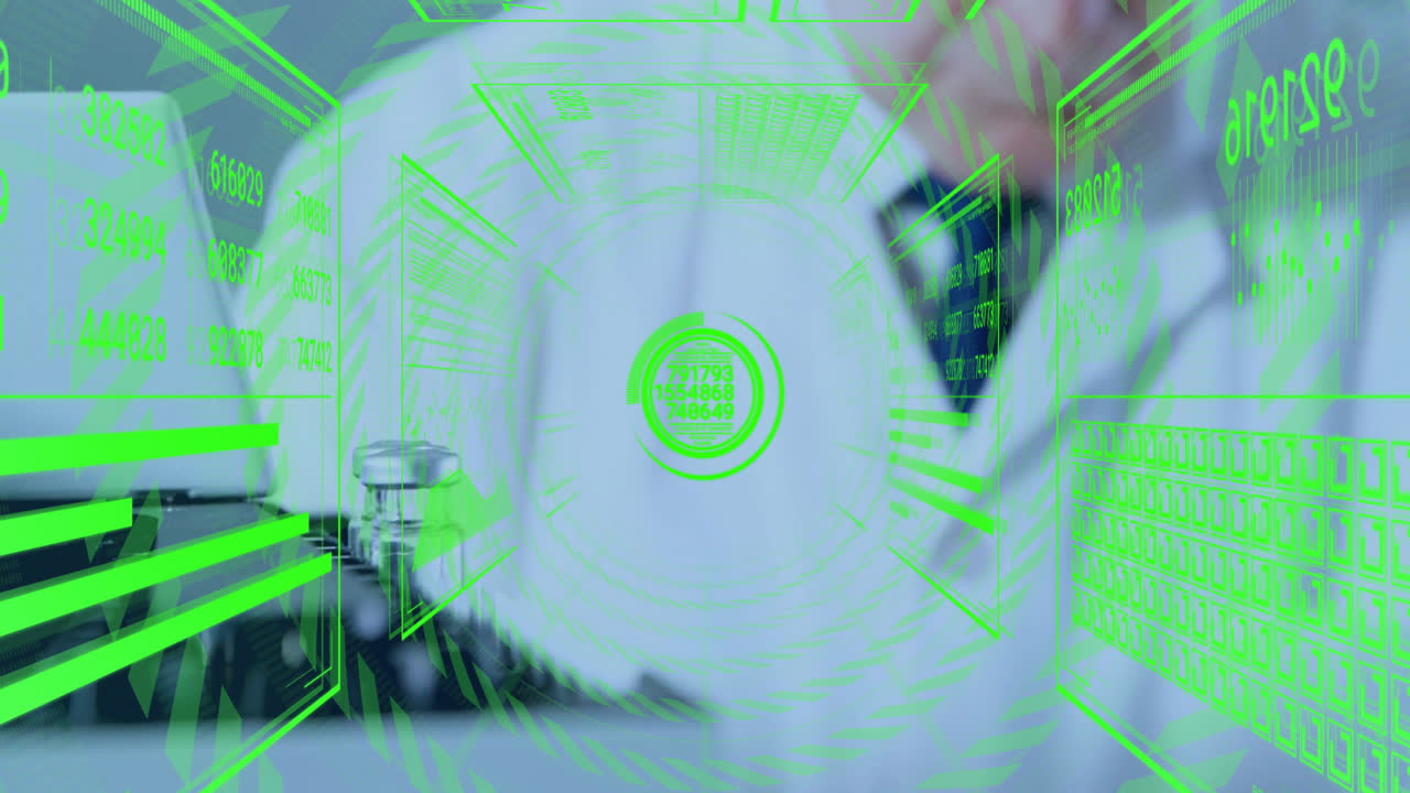 animación de procesamiento de datos sobre un científico caucásico almacenando viales de suero en el laboratorio