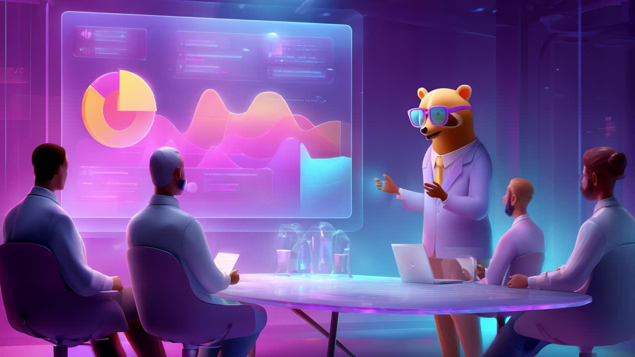 A charismatic bear wearing glasses leads a high-tech presentation in a futuristic meeting room, captivating an audience with engaging data visualizations and insights