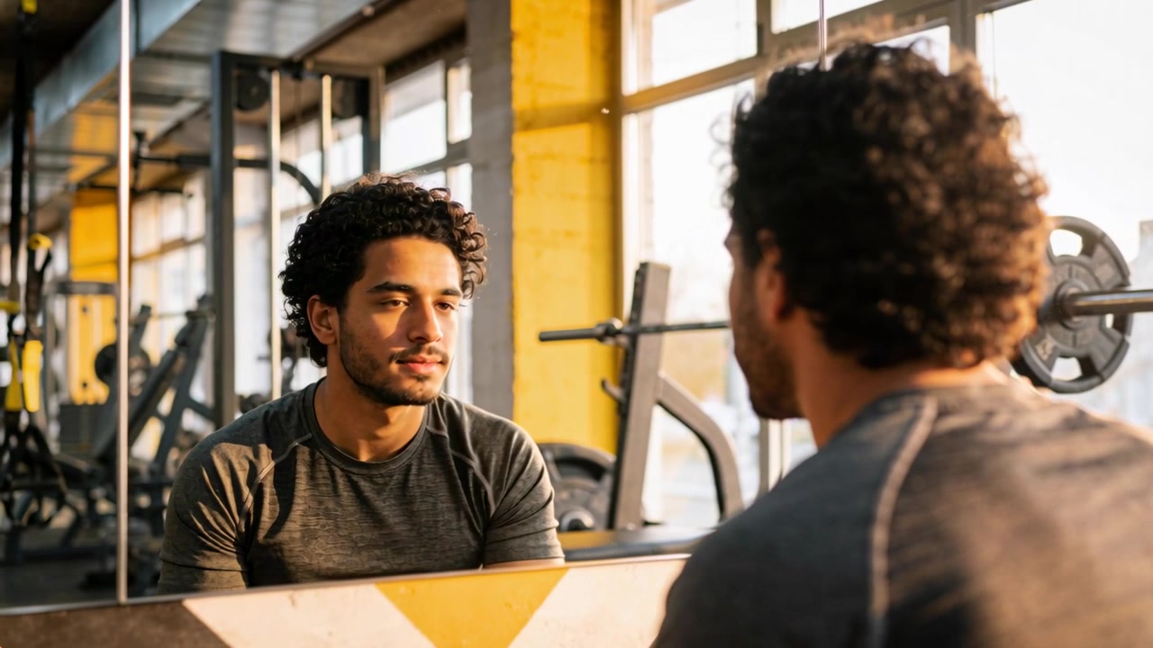 Smiling at reflection man wearing fitted dark gray tee shifting razor, grooming cheek at gym mirror