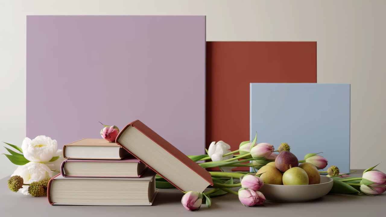 Pastel Backdrop Books Tulips Apples Arranged On Neutral Surface, Vintage Hardcovers Stacked With Open Book