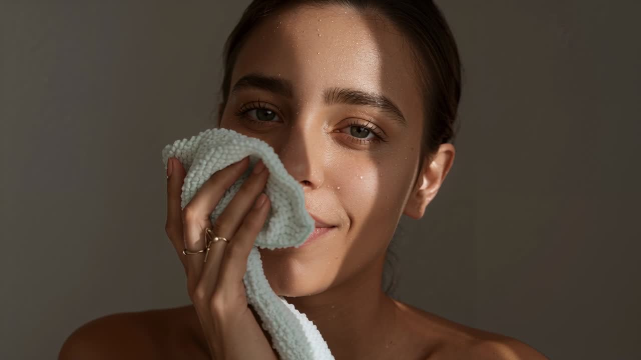 Patting bare shouldered woman with olive skin drying face after washing at studio, towel droplets