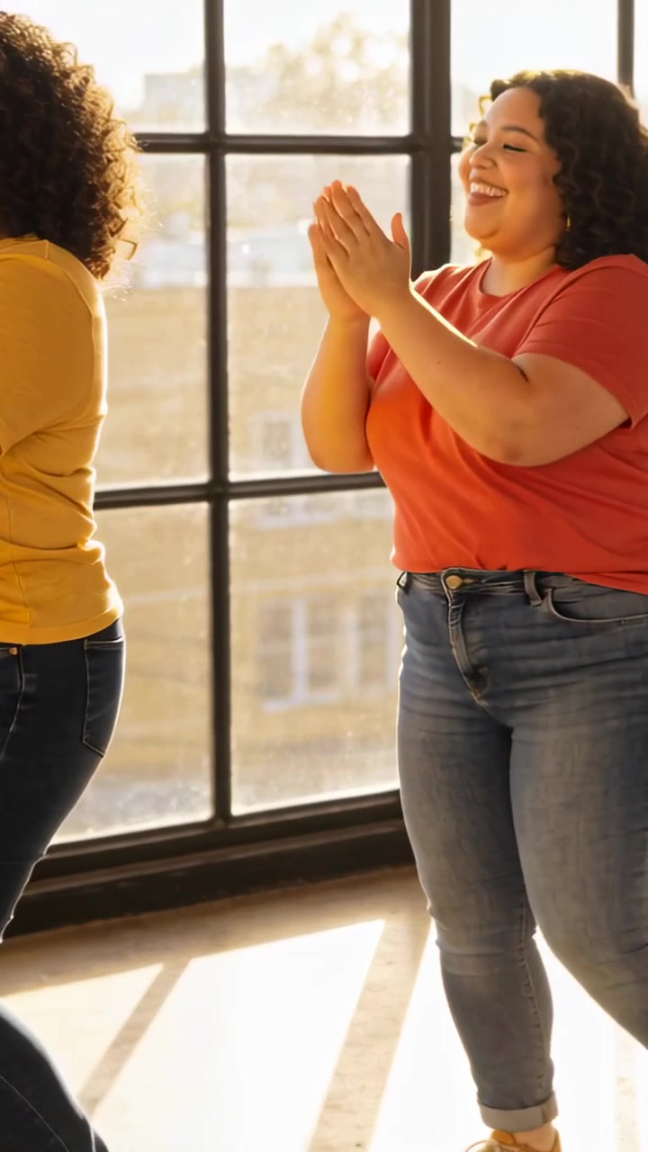 Vertical video: Clapping women in yellow tees stepping in sync after pose in loft window together