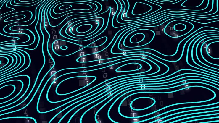 Vertical video: Turquoise contours undulating, spawning binary columns to form, showing tech data