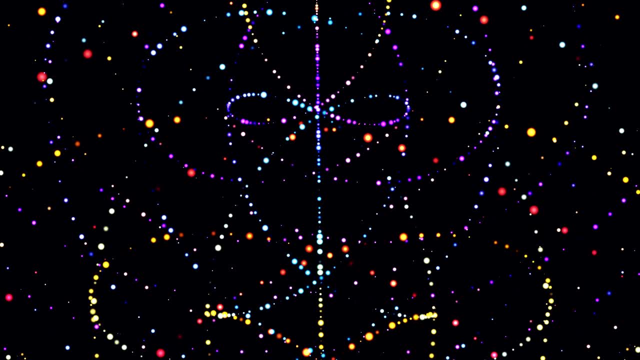 많은 색의 움직이는 입자를 가진 추상적인 애니메이션 일러스트레이션
