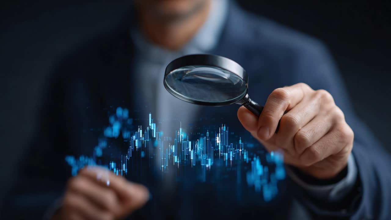 Analyzing Data Trends with a Magnifying Glass: A Professional Inspects Graphical Charts and Data Visualizations in a Dimly Lit Environment