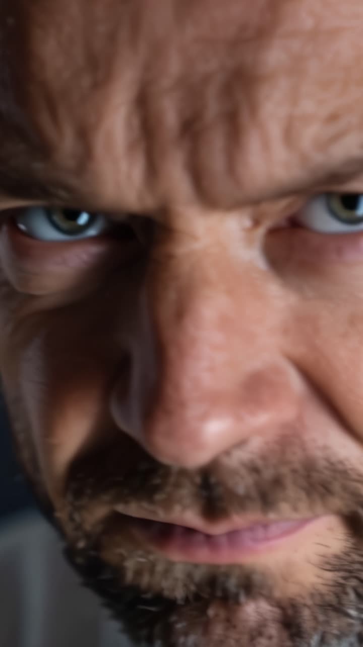 Intense Close-up of a Man's Face Highlighting Emotions, Detail of Facial Features, and Expressive Eyes Captured in a Dramatic Lighting Effect