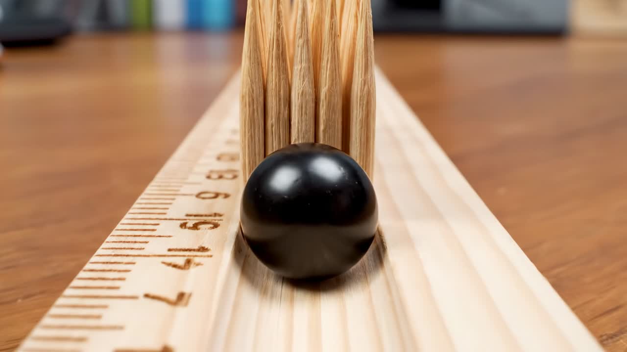 Partita di bowling in miniatura che usa birilli fatti con stuzzicadenti e un righello di legno