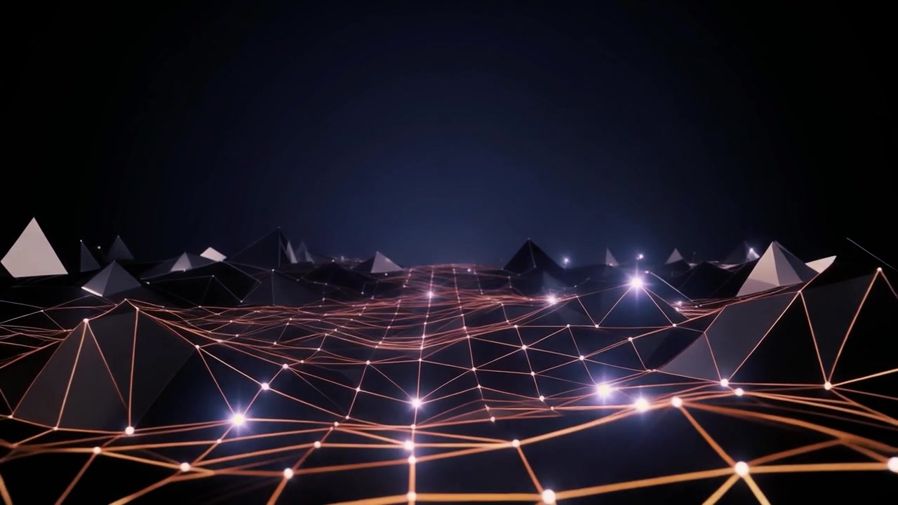 Abstract Digital Landscape with Glowing Geometric Mesh and Pyramids