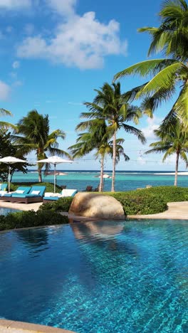 luxury tropical resort hotel, vertical drone shot of swimming pool, palm trees and sandy beach