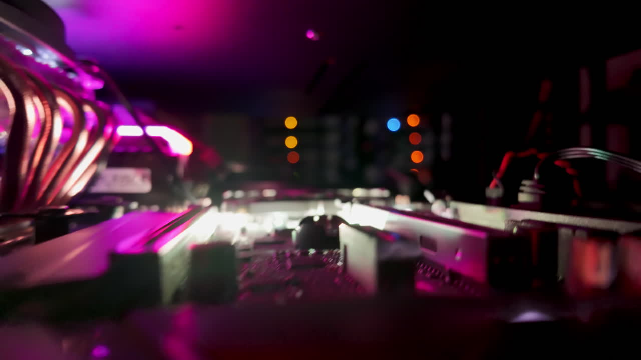 Close up of a server with flashing colourful lights in a data center