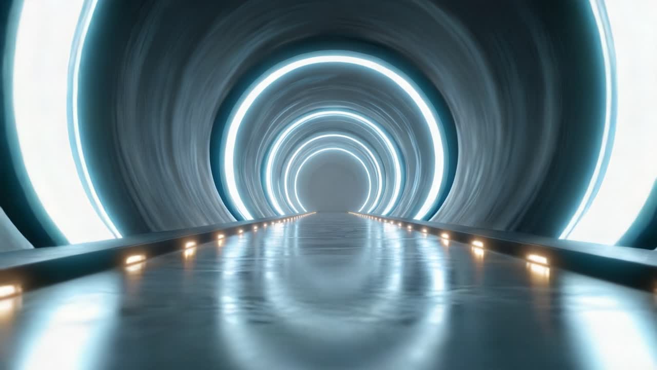 En gådefuld tunnel med glødende blå belysning, der fører ud i det ukendte, indfanger mystikken i futuristiske passager i et minimalistisk design