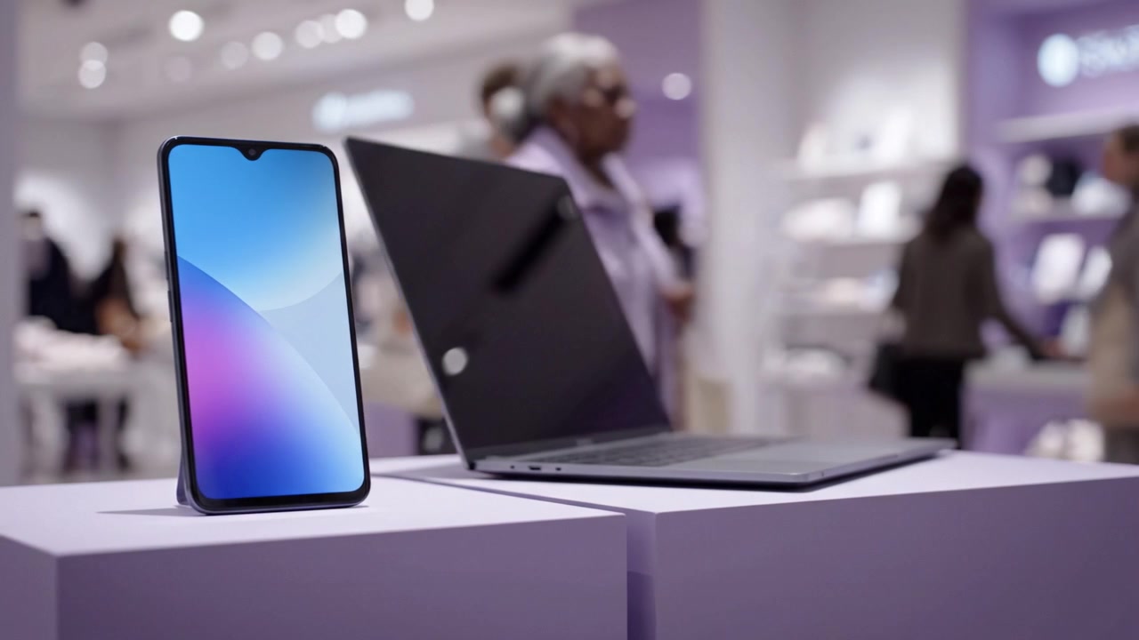 A modern smartphone stands next to a sleek laptop in a stylish retail setting, showcasing the latest in technology and design for contemporary consumers.