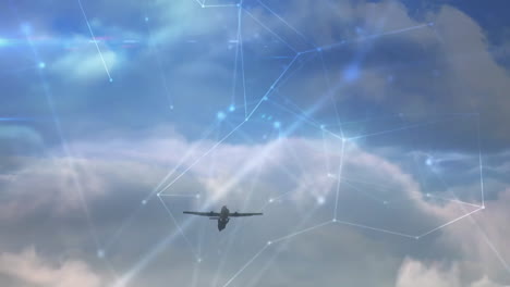 airplane flying through clouds with network connections animation over sky