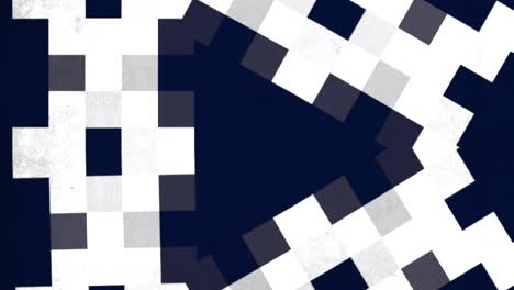 a blue and white background with pixel art