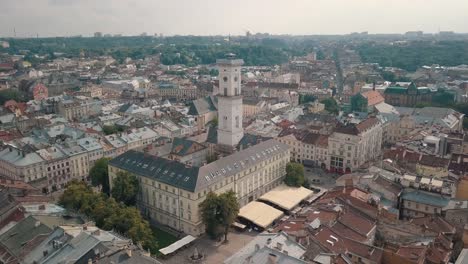 aerial drone footage of european city lviv, ukraine. flight above popular ancient part of old town