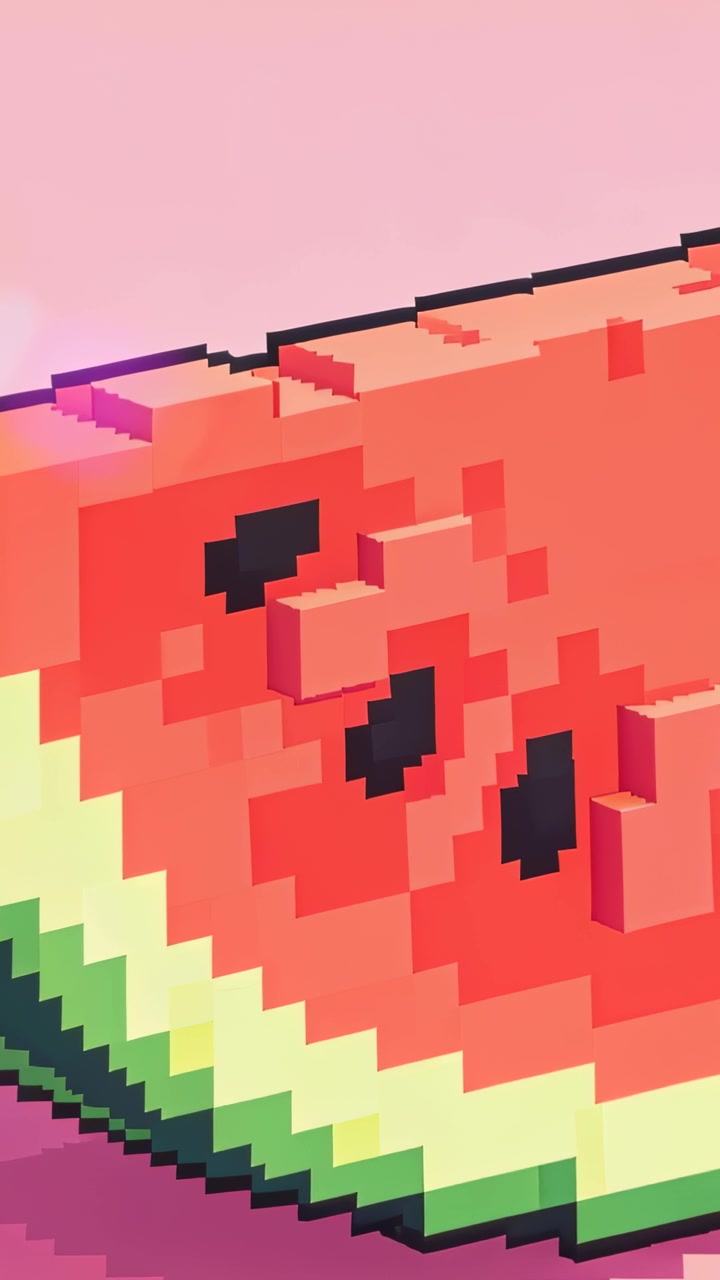 Vertical video: Panning camera revealing voxel melon slice on pink backdrop, popping voxel cubes