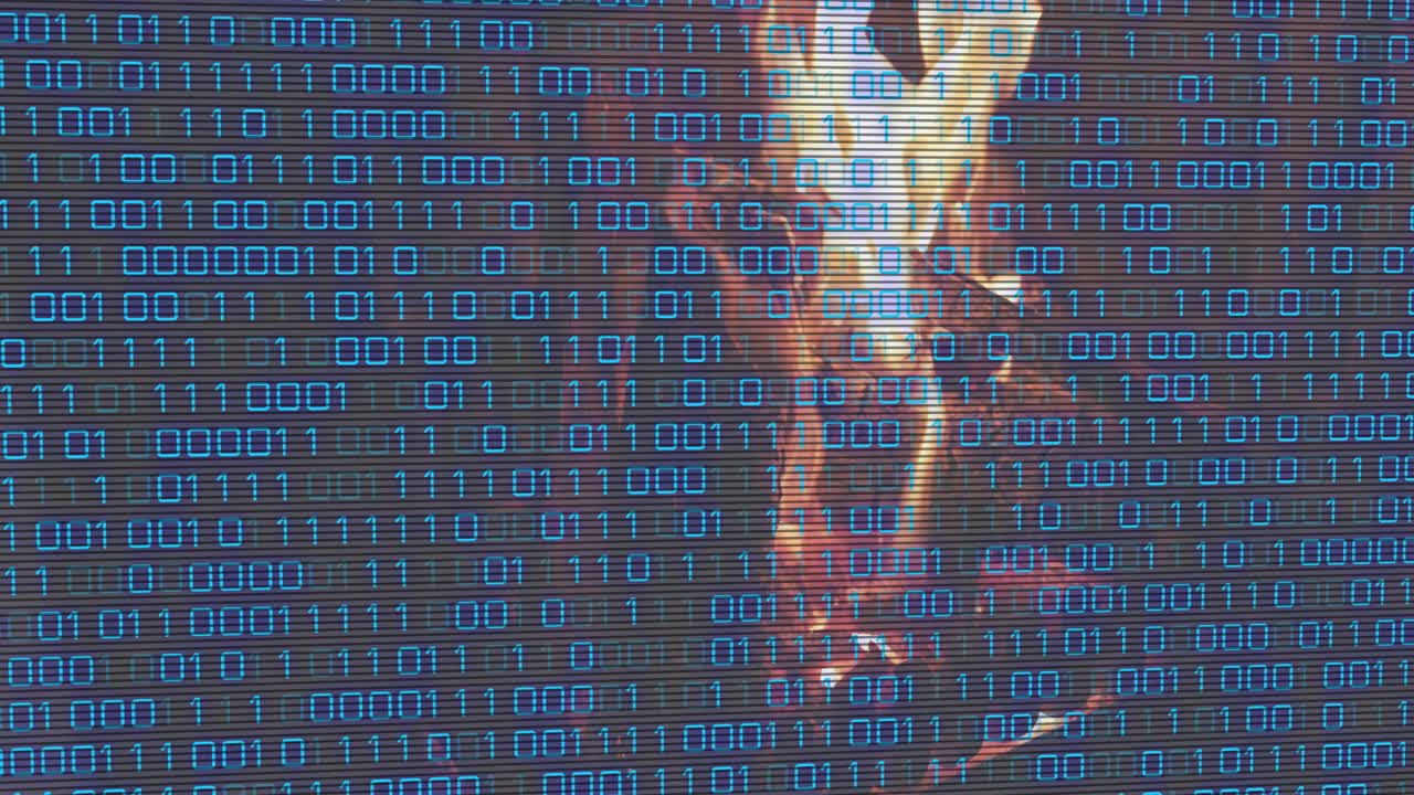 Upon binary wall appearing adult female descending through code grid showcasing digital immersion