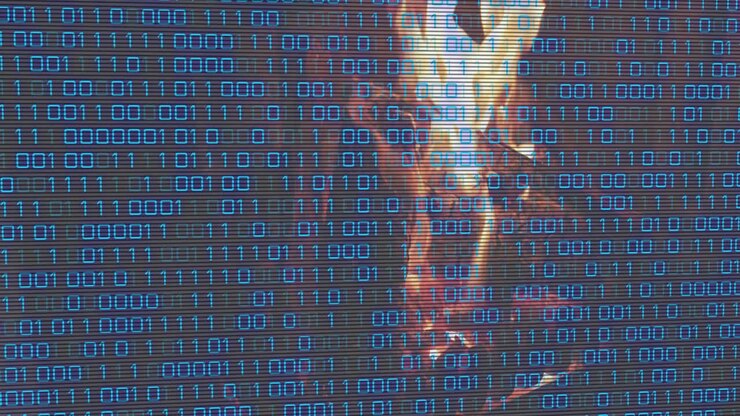 Upon binary wall appearing adult female descending through code grid showcasing digital immersion
