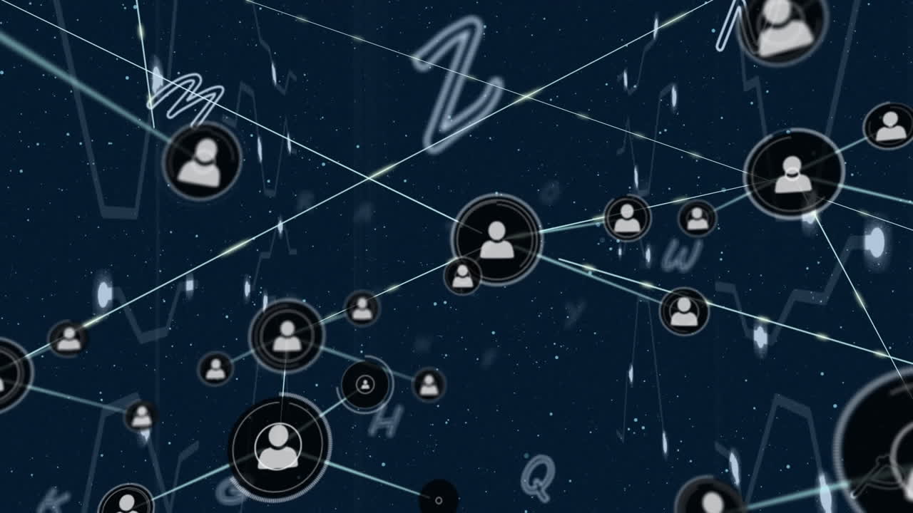 Network of profile icons against multiple alphabets and white particles on blue background