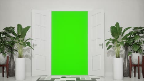 animación de apertura de la puerta en una habitación blanca clara, pantalla verde llave de croma