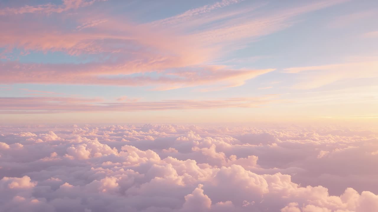 Lighting fluffy stratocumulus clouds as sunrise unfolding at high altitude, with pastel hues