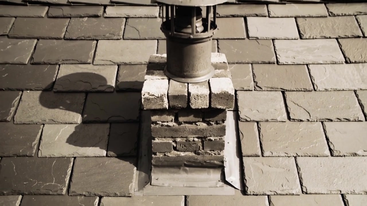 Zooming camera exposing brick chimney cap and mortar gaps on slate roof to inspect