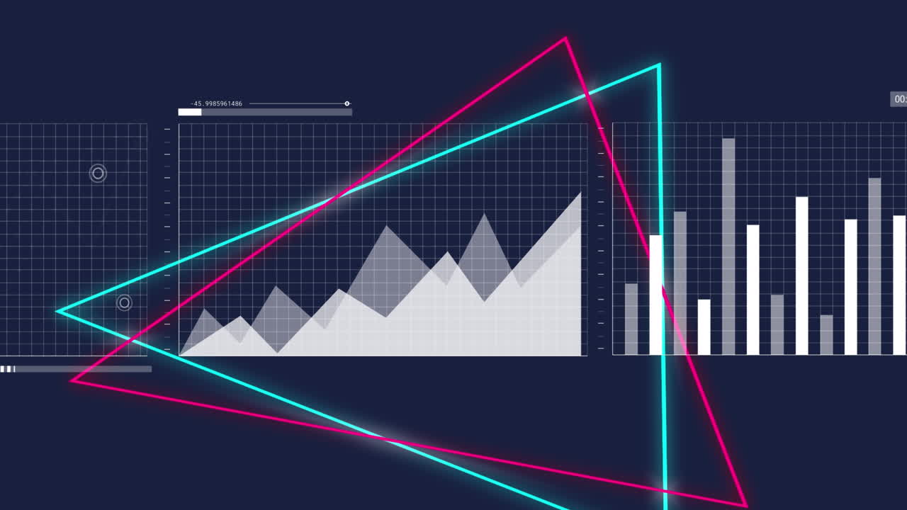 Animation of triangle over graphs, map and loading bars against black background