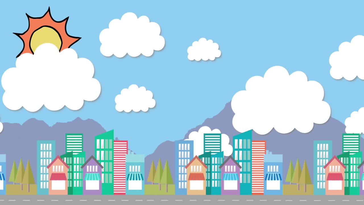 animación del paisaje urbano que se mueve contra el sol y el cielo en el fondo