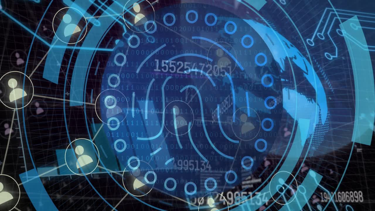 생체인식 지문, 이진 코딩 및 데이터 처리의 애니메이션