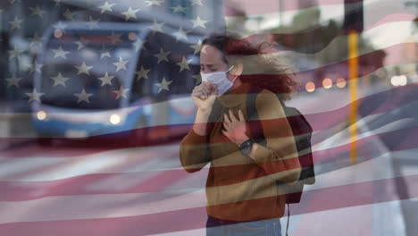 us flag waving against woman wearing face mask coughing